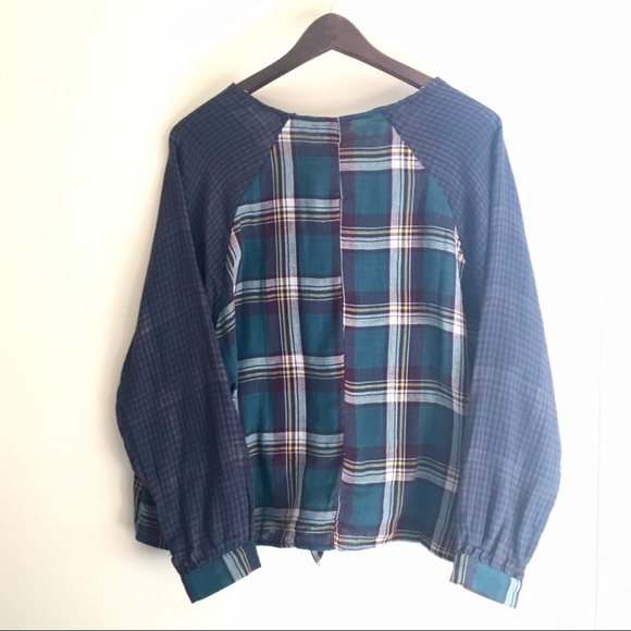 Umgee Mixed Plaid Front Tie Boho Woven Blouse - Picture 2 of 5